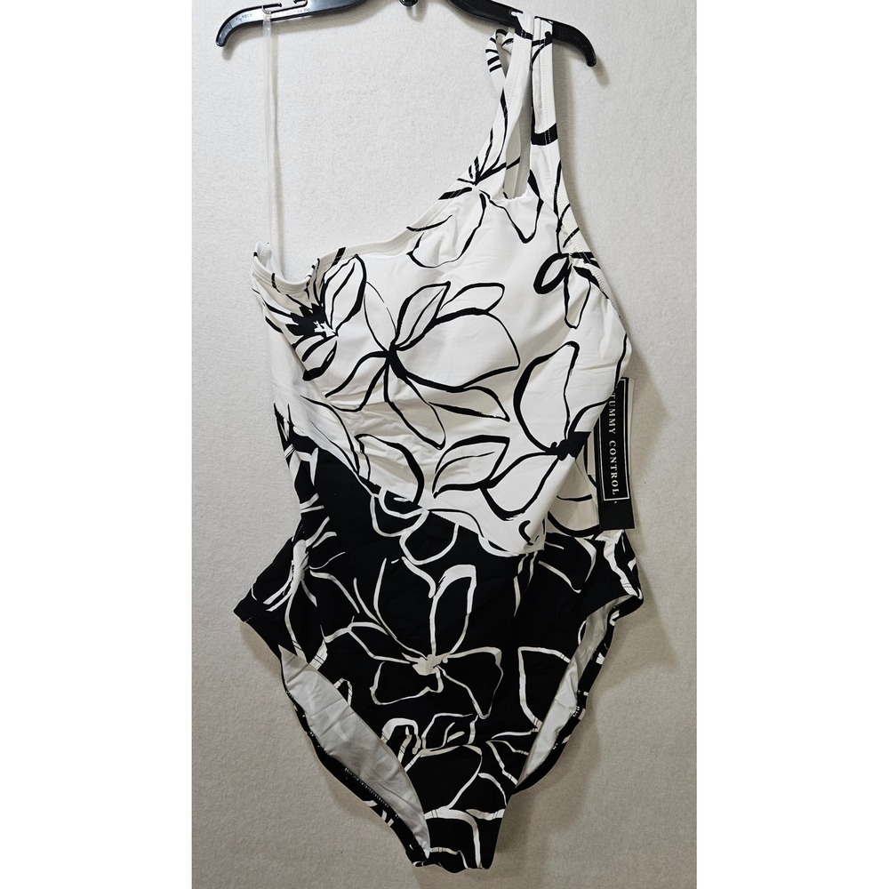 La Blanca LB2CK14 Moonlit Silhouette One Shoulder Blk/Wht Swimsuit Sz 10 NWT